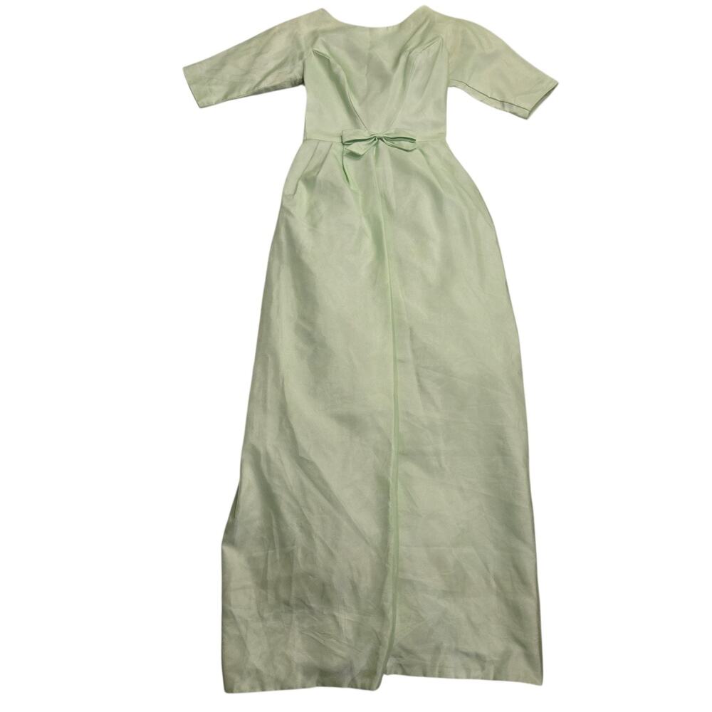 VTG 60s Mint Green Chiffon Long Bow Maxi Dress Union Gown Fits Size XS Retro - Picture 3 of 10